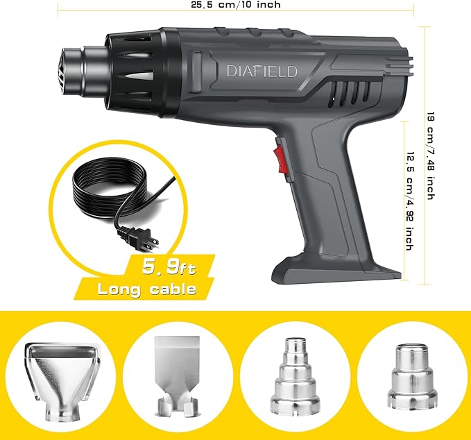 DIAFIELD 1850W Heat Gun, Dual Temperature Settings, Fast Heat Hot Air Gun, Durable& Overload Protection, with 4 Nozzles for Shrink Wrap, Vinyl, Crafts, Epoxy Resin