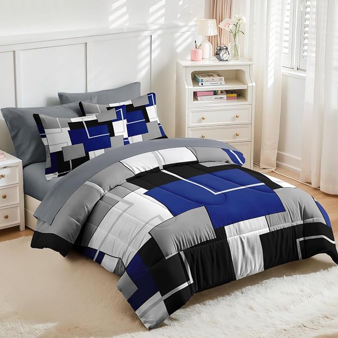 Nesker Comforter Set Twin Size, Blue Black Geometric 5 Pcs Bedding for Kids and Adults, Abstract Modern Grey Bed Sheet Sets with Fitted Sheet Pillowcase & Sham
