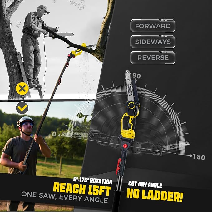 Brushless 2-IN-1 Cordless Pole Saw & Mini Chainsaw, 2× 21V 4.0Ah Battery 8 Inch Chain, Max Reach 16 Ft & Multi-Angle Electric Pole Saw for Tree Trimming, Pole Saw Battery Powered for Branch Cutting