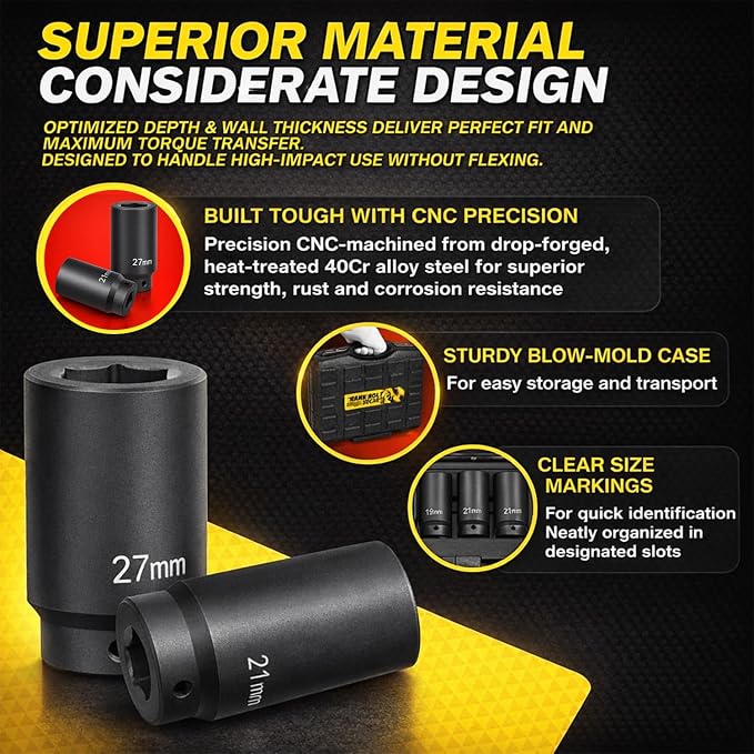1/2’’ Drive Weighted Crank Bolt Socket Set, 17MM, 19MM, 21MM, 22MM, 24MM, 27MM, Harmonic Balancer Socket Set, Weighted Metric Deep Impack Socket Kit, 3 Times Momentum Power of Standard Impact Socket