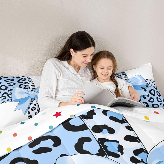 Feelyou Leopard Print Kids Comforter Set Queen Size Blue Leopard Bow Bedding Set Animal Fur Duvet Quilt for Kids Boys Girls Bedroom Decor Microfiber Ultra Soft Breathable