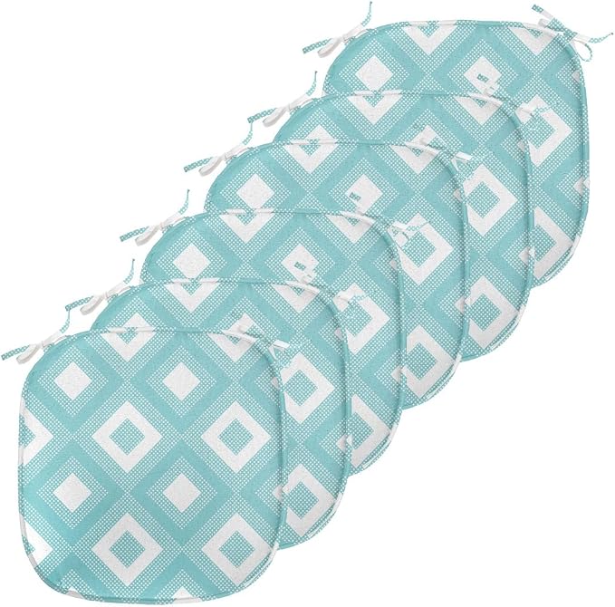 Lunarable Geometric Chair Seating Cushion Set of 6, Nested Diagonal Squares with Tiny Polka Dots Symmetric Repetition, Anti-Slip Seat Padding for Kitchen & Patio, 16"x16", White and Pale Teal