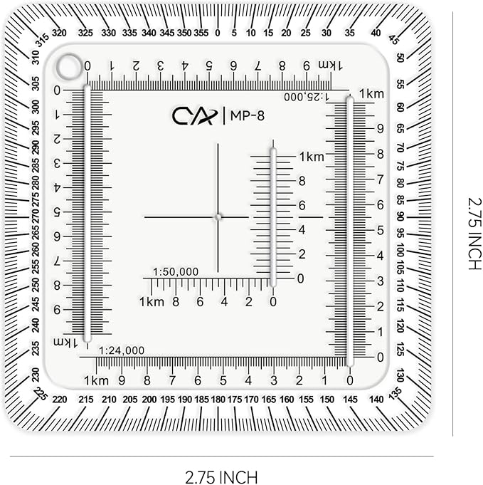 CYA UTM 2.75 x 2.75" Military Map Coordinate Scale Protractor Map for Land Navigation, Military Style UTM/MGRS Coordinate Scale