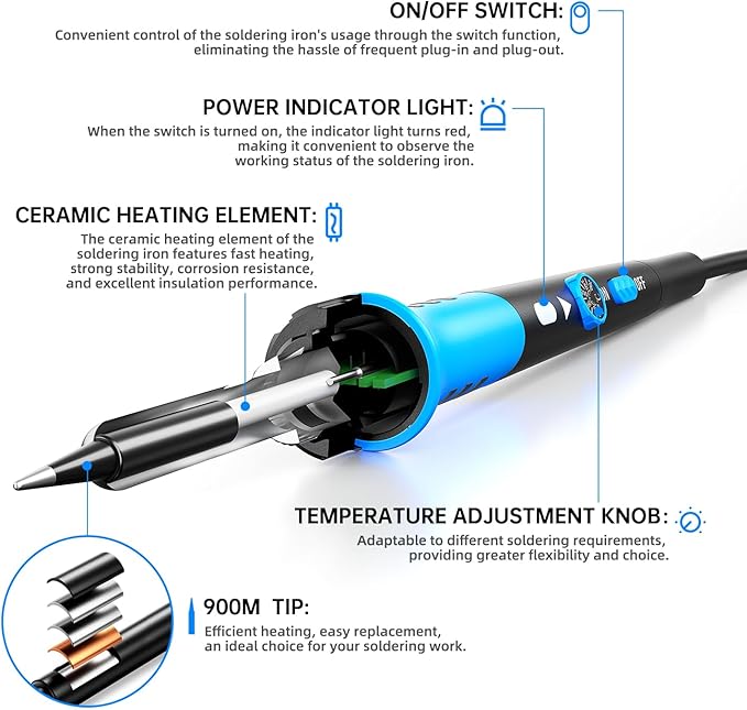 Soldering Iron Kit, 60W gun with Ceramic Heater, 9-in-1 solder kit tool, Adjustable Temperature 200 to 450℃, Iron Tips, wire, Solder Stand for Welding and Repairing
