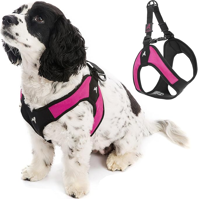 Gooby Escape Free Easy Fit Dog Harness, Step-in, Hot Pink, Large | Patented escape-free frame; Contracts if they back out; Step-in easy on/off; Machine washable; Light POM leash ring