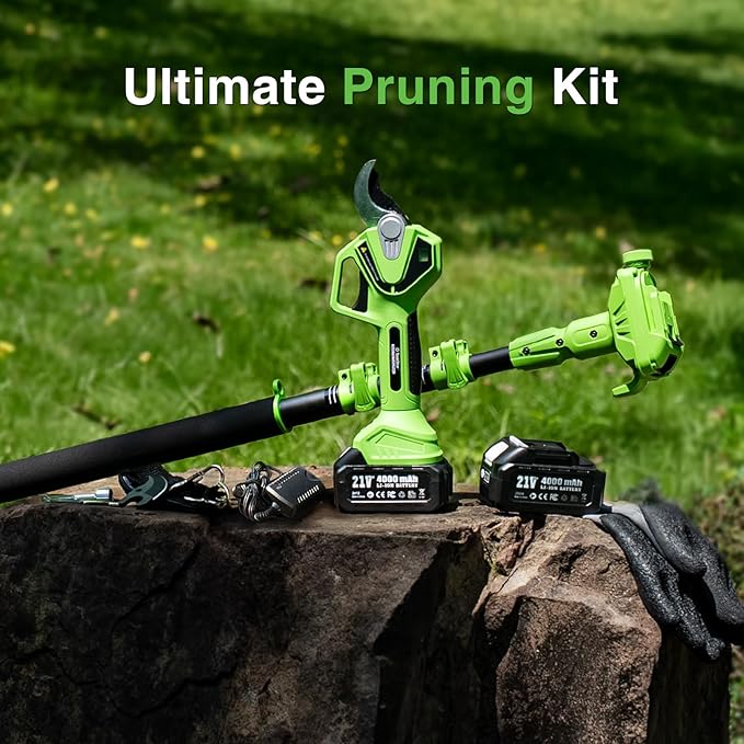 TaskStar Electric Pruning Shears with Pole: 1.6" Cutting Diameter 2-in-1 Cordless Pole Pruner - 2 Pcs 4.0Ah Batteries, Brushless Motor, Extra SK5 Blade, Branches Cutter for Flower Tree Trimming