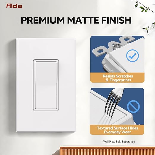 AIDA 4 Pack 3 Way Rocker Decora Light Switch, 15 Amp Self-grounding Electrical Light Switches, Residential Grade, UL Listed, Matte White