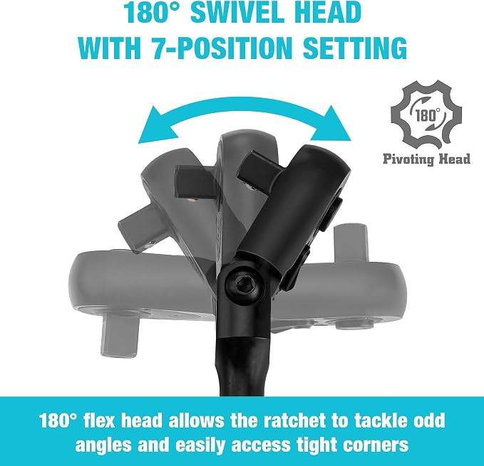 DURATECH 3/8-Inch Flex-Head Ratchet, 90-Tooth Quick-Release Ratchet Wrench | Socket Wrench with 180° Pivoting Head and 7-Position Setting, Reversible, CR-V Made, CR-MO Head, Black Mn Phosphate Finish