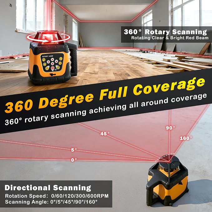 Red Rotary Laser Level 2000ft, 360 Degree Self Leveling Laser Level Kit with Receiver Remote Control and Surveying Tripod 16.4ft Staff, 5 Rotation Speeds& 4 Angles Adjustment,IP66 Waterproof.