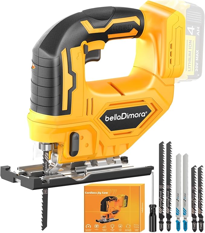 bellaDimora Jigsaw Tool Compatible with DeWalt 20V MAX Battery | Cordless with LED Light, 0-45° Bevel Cuts, 3 Orbital Settings, Wood/Metal/PVC Cutting, Tool-Free Blade Change (No Battery)