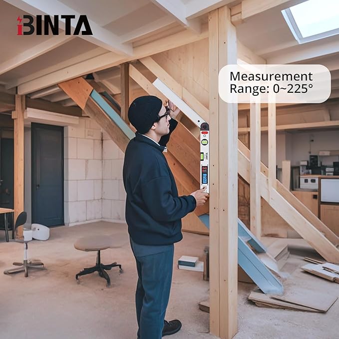 BINTA Digital Angle Finder Protractor 0-225° High Precision Measuring Tool Aluminum with Backlit LCD Display Horizontal Vertical Bubble Levels Storage Bag for Woodworking Construction Carpentry Silver