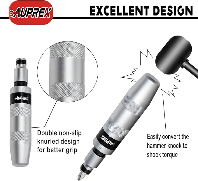 AUPREX Manual Impact Screwdriver, 1/2” Reversible Hand Impact Driver Set, Hammer Screwdriver with 12-Piece CR-V Slotted, Phillips, Hexagonal Bits Set for Removing Rusted Fasteners or Frozen Bolts