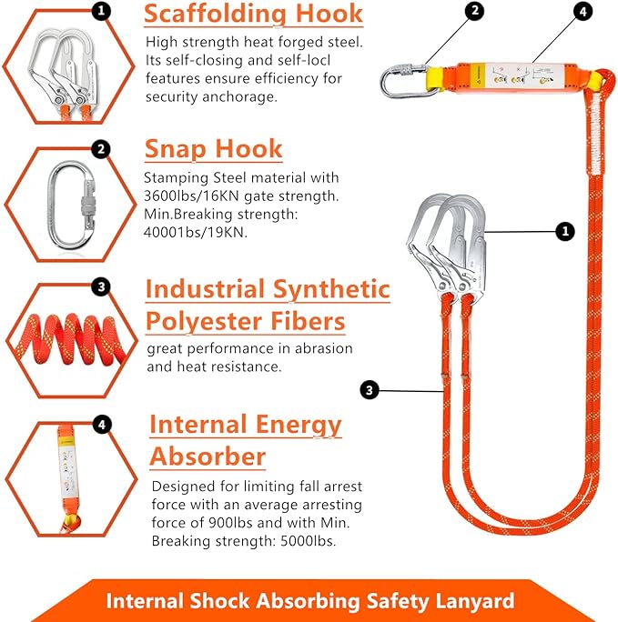 Full Body Safety Harness Tool Fall Protection，OSHA/ANSI Compliant,ASTM F1774certified | INTERNAL Shock Absorbing Lanyard（Orange）