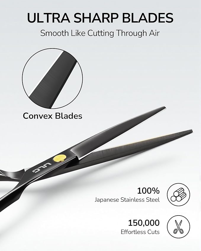 ULG Professional Hair Cutting Scissors 6.5 Inch – Sharp Barber Shears, Stainless Steel Symmetrical Salon Haircut Scissors for Women, Men, Kids, Gloss Paint Finish, Black