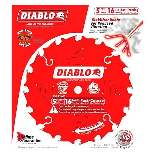 Diablo Fast Framing Trim Saw Blade for Wood - 5-3/8" Diameter, 16 ATB Teeth, 10mm Arbor, .049" Kerf, 18° Hook Angle, .039" Plate, 12000 Max RPM - D0516X