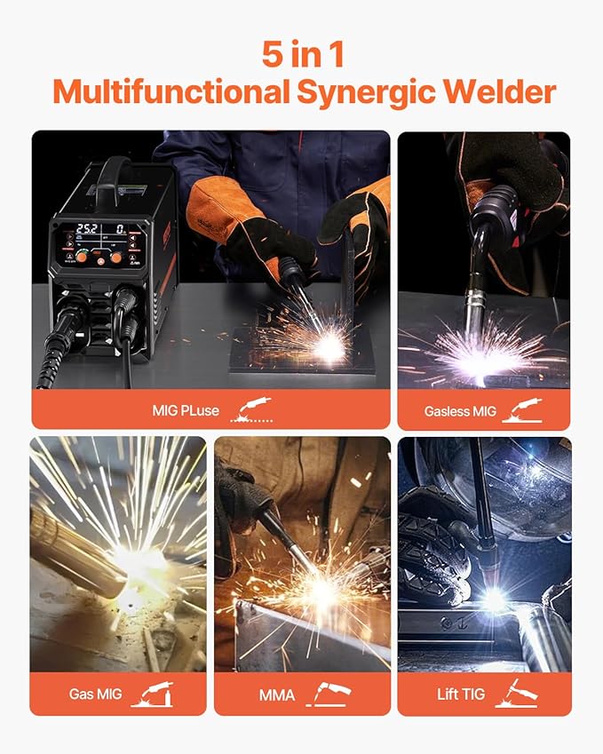 VEVOR Pro MIG Welder, 250A Pluse Mig Welding Machine, 5-in-1 Synergic Welder Machine MIG Pluse/Gas MIG/Flux Core MIG/Stick/Lift TIG, 110V/220V Dual Voltage Aluminum Mig Welder with LCD Screen Display