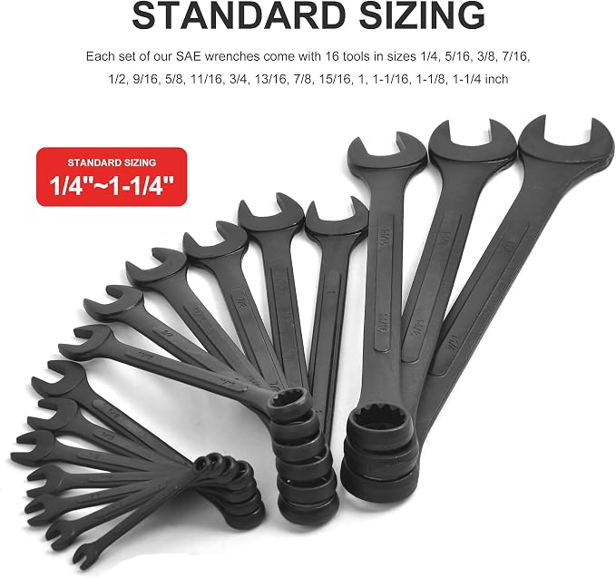 16 Piece SAE Combination Wrench Set, 1/4" to 1-1/4" SAE Wrench Set with Roll Up Pouch