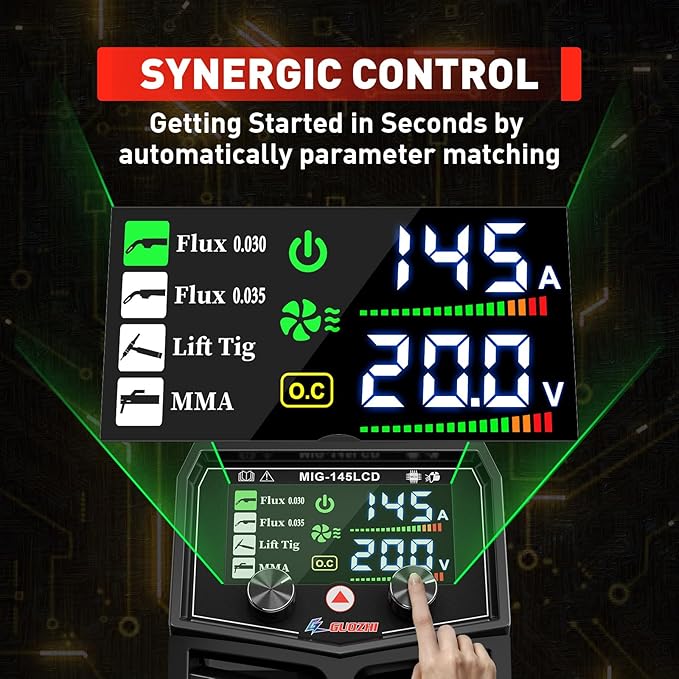 GZ GUOZHI 145A MIG Welder, 3 in 1 Welders FLUX MIG/Lift TIG/ARC Multi-Process Welder, 110V Welding Machine, ‌Flux Core Welder with upgrade Large LCD Screen
