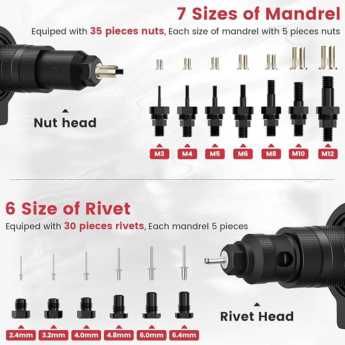 Beaspire Rivet Nut Tool Kit for Drill, 2-in-1 Cordless Rivet Gun Adapter & Rivet Nut Adapter, Rivnut Tool Set with 7 Metric Mandrels, 6 Rivet Head Sizes, 65Pcs Rivet Nuts, Carry Case