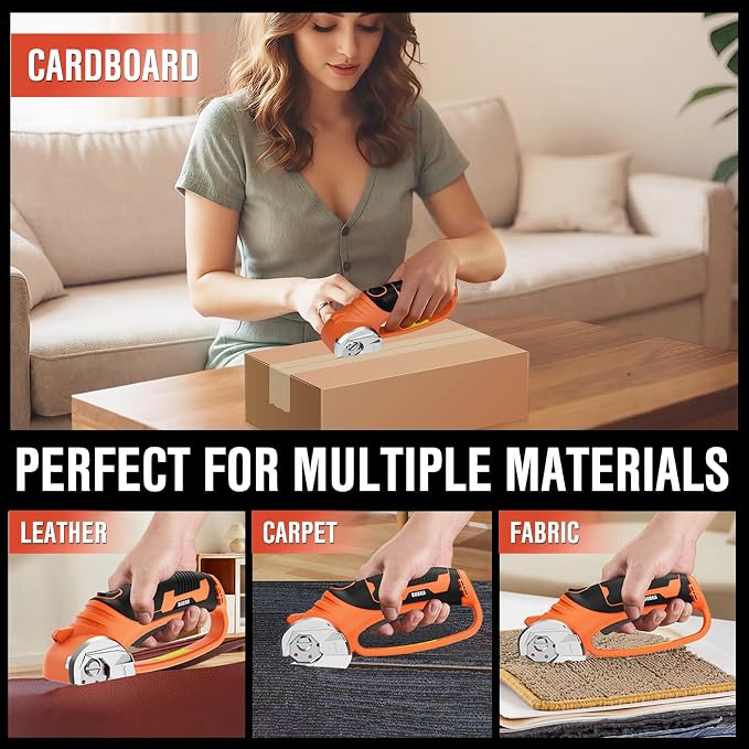 Cordless Electric Scissors 4V Rechargeable Cardboard Cutter with 4 SK5 Blades, 2000mAh Battery, LED Light, Electric Box Cutter 1/3” Cutting Capacity Power Cutter for Fabric Carpet Leather - Orange