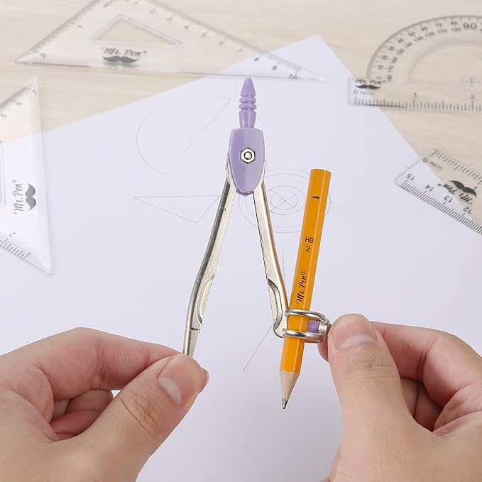Mr. Pen- Geometry Set, 13 pcs, 3 Metal Compasses, Protractor, 6" Ruler, 45° & 30°/60° Set Squares, Pencils, Lead Refills, Sharpener & Eraser for Math, Drafting & Classroom Use