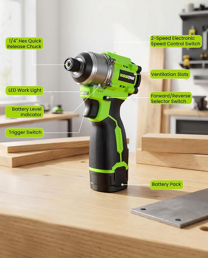 Robustrue 16.8V Max Brushless Impact Driver Kit, 1416 In-lbs Torque, 1/4" Hex Cordless Impact Drill with 2x 2000mAh Batteries, 4100 Max BPM, Power Tool Set for Home Improvement, DIY & Light Automotive