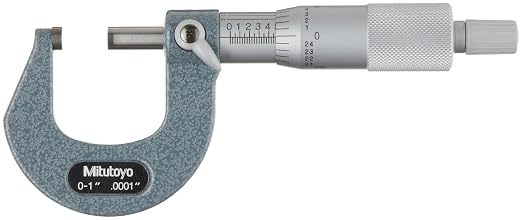 Mitutoyo 103-260 Outside Micrometer, 0-1" Range, 0.0001" Graduation, ±0.0001" Accuracy, Ratchet Stop for Repeatable Measurements, Carbide Measuring Faces, Satin Chrome Finish, Hammertone Enamel