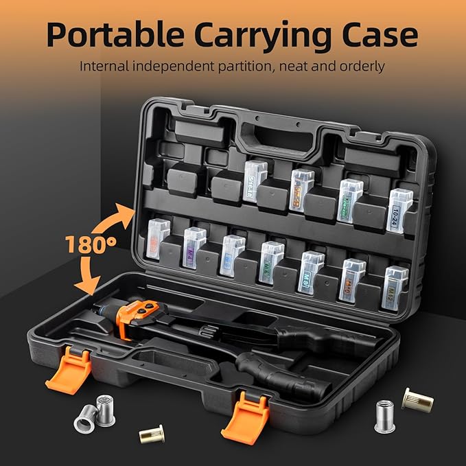 Kerry 16" Rivet Gun Nut Tool, Professional Rivet Nut Tool Kit with 11 Metric & Inch Mandrels M3 M4 M5 M6 M8 M10 M12, SAE10-24, 1/4-20, 5/16-18, 3/8-16, 110pcs Rivnuts and Blow Carry Case