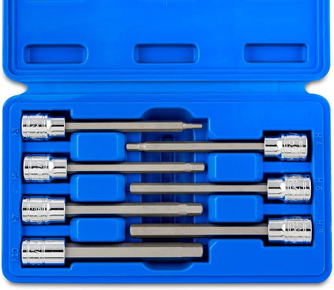 Neiko 10076A 3/8-Inch Drive Extra Long Allen Hex Bit Socket Set, Metric, 3 mm - 10 mm | S2 and Cr-V Steel, 7-Piece Set