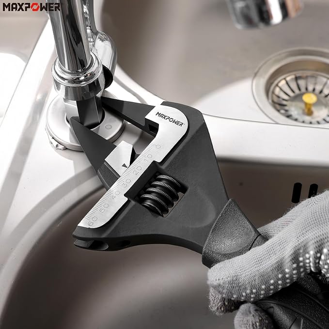 MAXPOWER 12-inch Slim Jaw Adjustable Wrench, Extra Thin Jaw Wide Opening Adjustable Wrench, Dual Scale with Metric and SAE, Soft Grip Handle