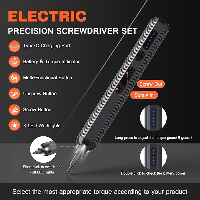 138-IN-1 Electric Screwdriver Set Cordless, Rechargeable Screw Driver with LED Light, 120 Precision Bits, Magnetic Storage Professional Home Repair Tool Kit for Electronics, Camera, Watch, PC RC