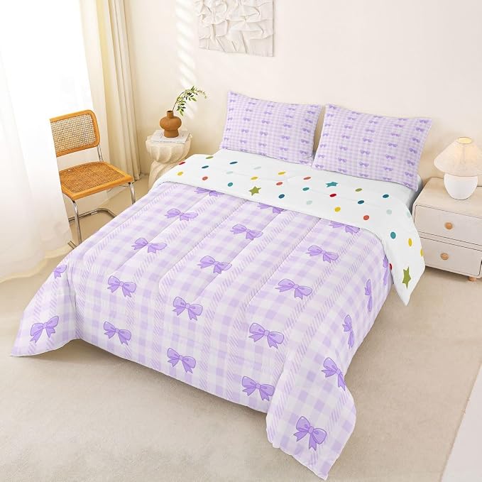Feelyou Purple Bow Checkered Kids Comforter Set King Size Chic Grid Bowknot Bedding Set Girly Duvet Quilt for Kids Boys Girls Bedroom Decor Microfiber Ultra Soft Breathable