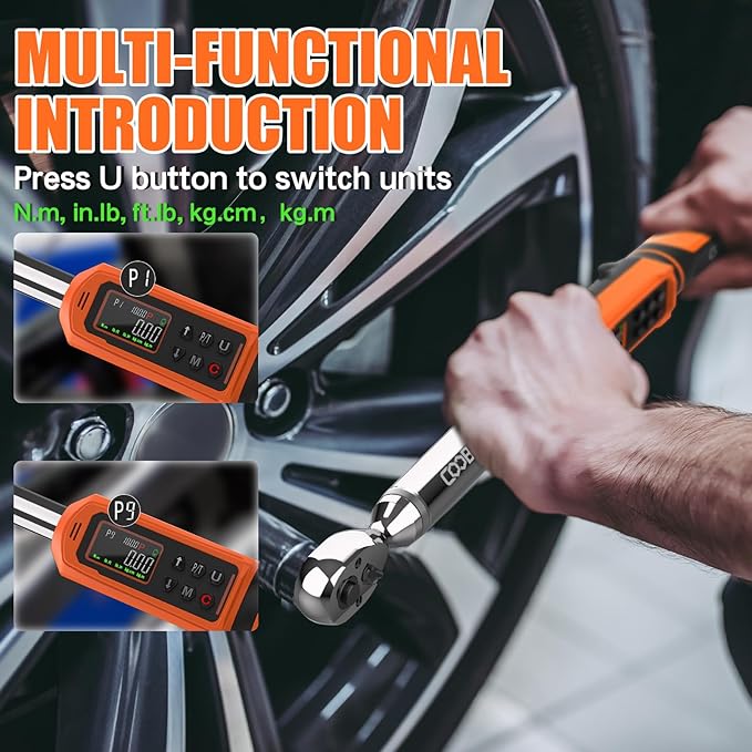 coobeast Digital Torque Wrench, 3/8 Drive Electronic Torque Wrench with Preset Value(1.5-99.5 Ft-lbs./2-135Nm), Buzzer and LED Flash Five Units of Measure for Bike Motorcycle Car