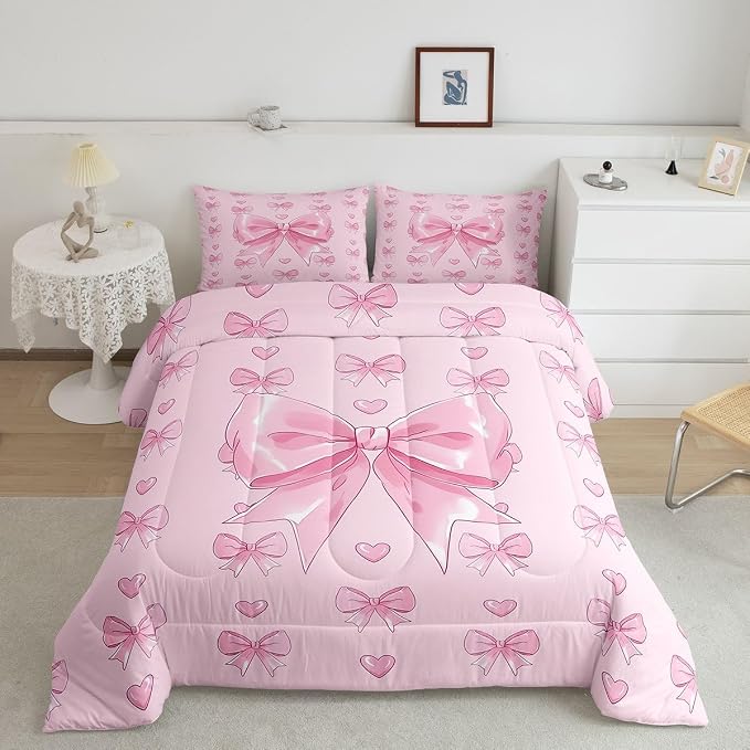 Feelyou Cute Pink Bowknot Comforter Set King Size Love Hearts Bow Bedding Set for Kids Boys Girls Princess Bow Duvet Quilt Bedroom Decor Microfiber 3 Pcs with 2 Pillow Cases