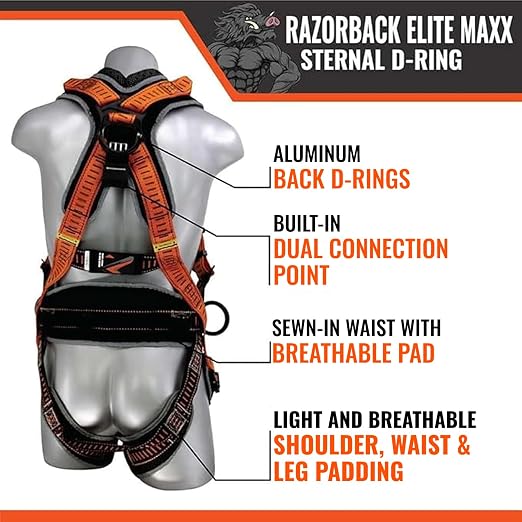 Razorback Elite MAXX - Safety Harness and Fall Protection Kit with Sewn in Lumbar Support Belt and Built-in Rescue Handles for Fall Arrest, OSHA & ANSI Compliant (XXLarge)