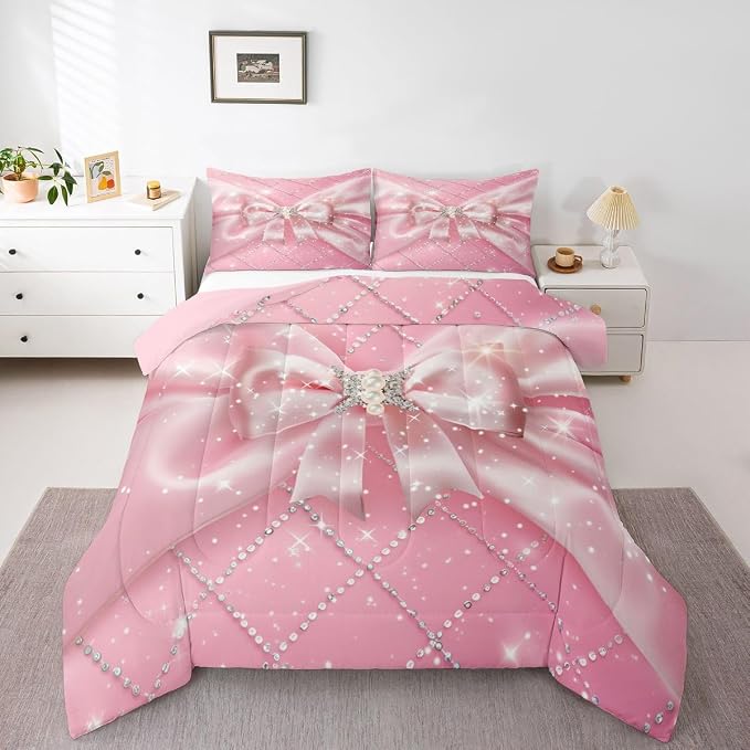 Feelyou Pink Bowknot Comforter Set King Size Glitter Bow Bedding Set for Kids Boys Girls Dreamy Princess Duvet Quilt Bedroom Decor Microfiber 3 Pcs with 2 Pillow Cases