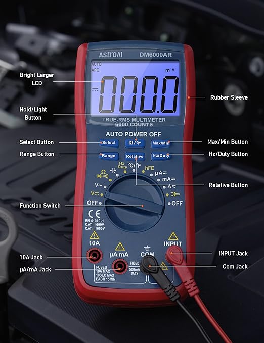 AstroAI Digital Multimeter and Analyzer TRMS 6000 Counts Volt Meter Ohmmeter Auto-Ranging Tester; Accurately Measures Voltage Current Resistance Diodes Continuity Duty-Cycle Capacitance Temperature