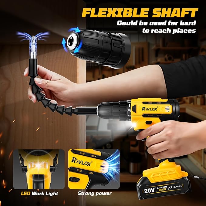 20V Cordless Drill Set,Electric Power Drill Cordless,Power Drill Drivers,Electric Screwdriver - 2.0Ah Batteries, 30Nm，21+1 Torque,2 Speed, Built-in LED,Kit for Home, Yellow