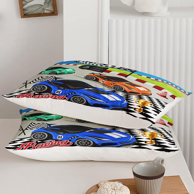 Axolotl Racing Car Bedding Set Queen,Cool Speed Race Car Down Comforter for Kids Boys Girls Teens,Racing Car Comforter Set Car Theme with Three Cars Arrive at Finish,1 Comforter and 2 Pillowcases