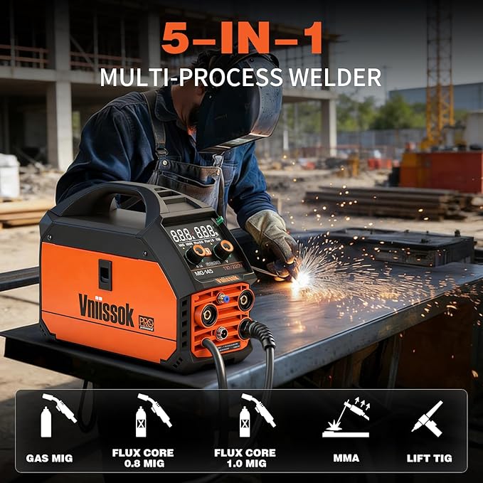 145A MIG Welder,110V/220V multiprocess welder, Gas Gasless MIG Welding Machine, 5 in 1 MIG/MMA/Lift TIG/Flux cored 0.8/Flux cored 1.0, LED Digital Display Synergic Control Aluminum Welding Machine