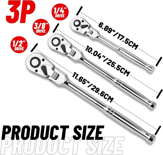 1/2 3/8 1/4 Inch Drive Ratchet Set 3Pcs Flex Head Ratchet Set | 72 Tooth Quick Release Flexible Swivel Head Socket Ratchet Wrench Set