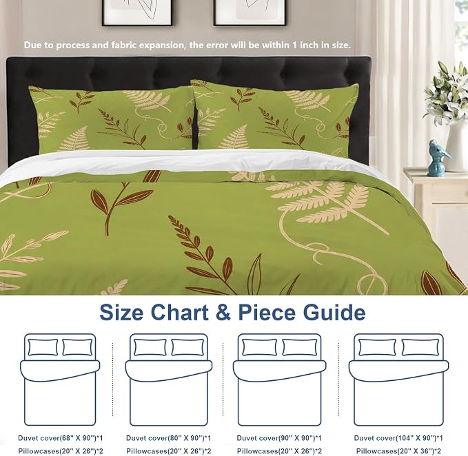 Batmerry Green Brown Branch Leaves Full Size 100% Cotton Duvet Cover Sets, Minimalist Plant Illustration Bedding Set with Zipper Closure Corner Ties, 3 Pieces (1 Cover + 2 Pillowcases No Comforter)