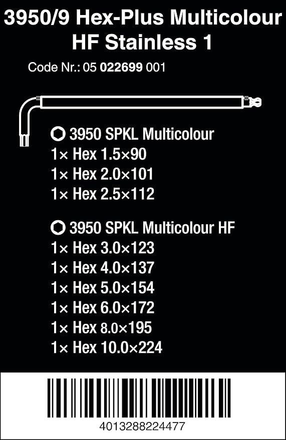 Wera 05022699001 3950/9 HEX-PLUS MULTICOLOUR HF STAINLESS 1 L-KEY SET, METRIC, STAINLESS STEEL, WITH HOLDING FUNCTION, 9 PIECES
