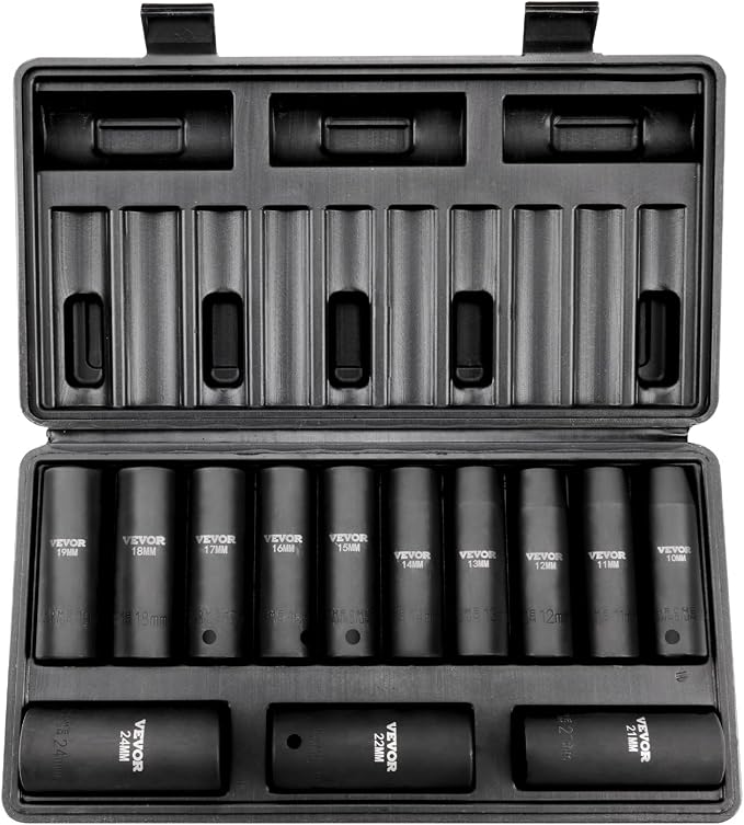 VEVOR 1/2" Drive Impact Socket Set, 13 Piece Deep Socket Set Metric 10-24mm, 6 Point CR-V Alloy Steel for Auto Repair, Easy-to-Read Size Markings, Rugged Construction, Includes Storage Case