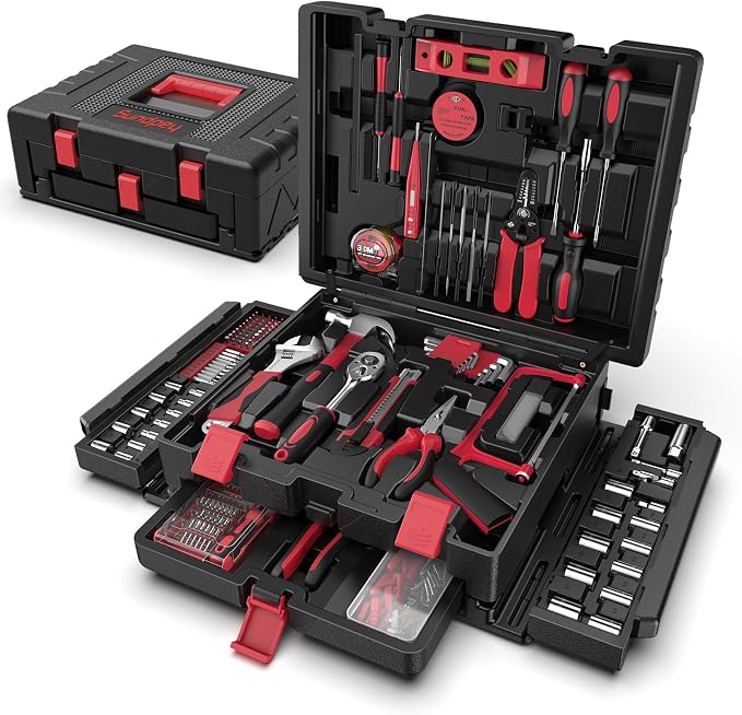 Sundpey 379 Pcs Portable Complete Home and Auto Tool Kit with Drawer Red | with Socket Wrench Set & Screwdrivers & Hex Keys & Pliers Kit,Men Women Tool Box Set for Household Car House Garage Apartment