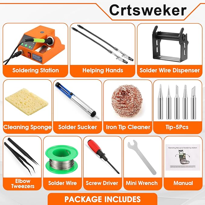 Soldering Station, 100W Digital Display Soldering Iron Station Kit with 2 Helping Hands, 356°F - 896°F, Auto Sleep, °C/°F Conversion, Solder Wire, Tips, Stand, Pump, Tweezers, Tip Cleaner, Orange