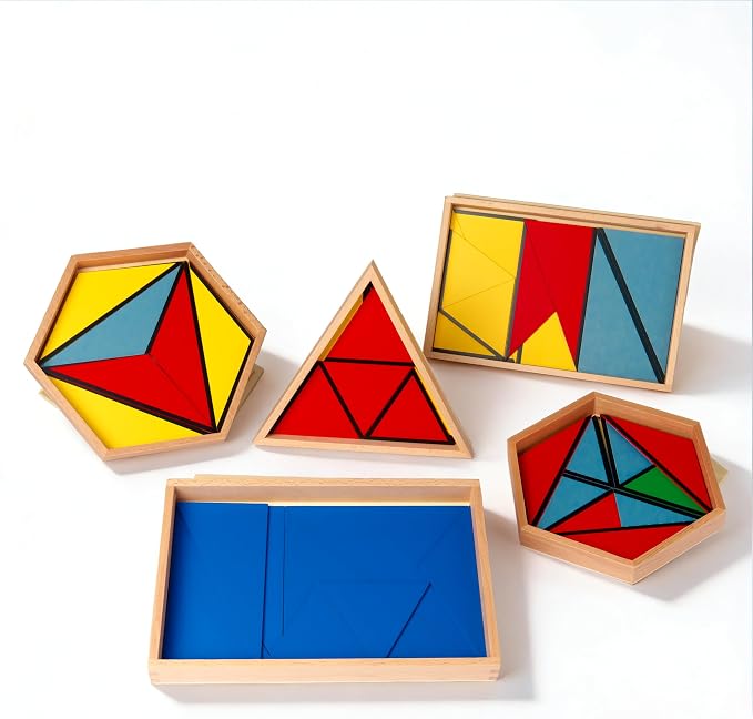 Premium Montessori Large Constructive Triangles, 5Box Set Sensorial Materials for Kids ,6.3lbs Beechwood Geometry Puzzles for Preschool Homeschool,Ages 4-7 Educational Toys, Geometry Learning Supplies