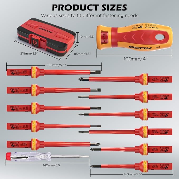 1000V Insulated Electrician Screwdriver Set - 13-Piece Professional Electrical Screwdriver Set Insulation Handle CRV Steel Magnetic Phillips Slotted Pozi Torx Tips VDE & GS Certified