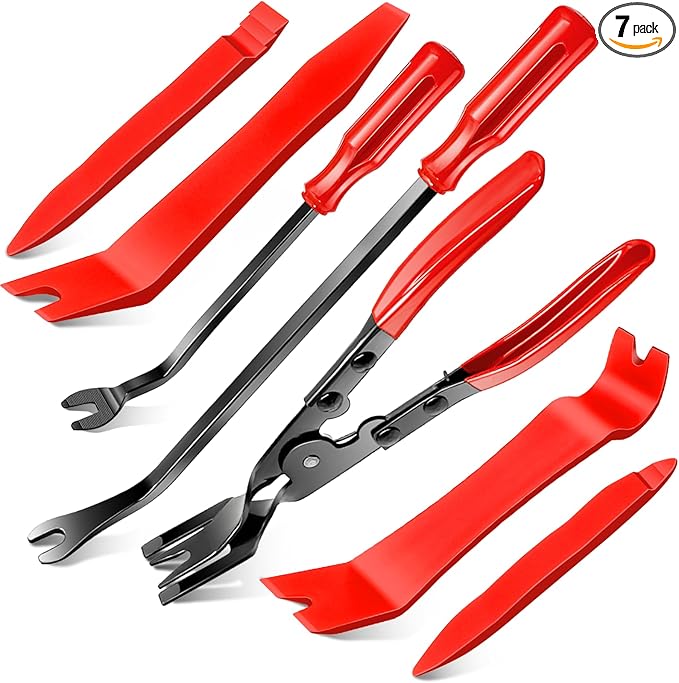 Doaho 7 Pcs Car Trim Removal Tool Kit with Non-Scratch Plastic Pry Tool and Fastener Clip Pliers for auto Safe Interior Car Panel Detachment, Dashboard, Door Clips & Upholstery – Red