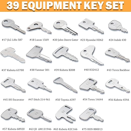 39 Full Range Heavy Equipment Keys-Construction Master Ignition Keys for Homeowners Genie JLG CAT Caterpillar Volvo JCB JD H800 Bobcat Terex Hyster Komatsu 787 Indak Kubota Holland Excavator